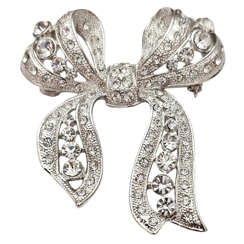 Graziano Silver Tone Clear Rhinestone Bow Brooch Chunky Pin C852